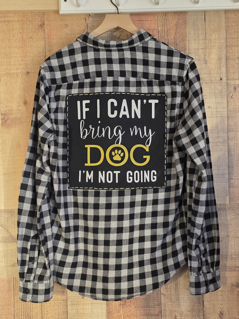 Black & White Plaid Button-Down Shirt with 'Bring My Dog' Graphic